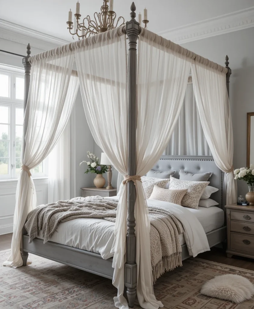 Grey Canopy Bed With Boho Curtains