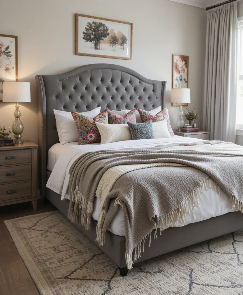 Grey Tufted Headboard With Boho Pillows