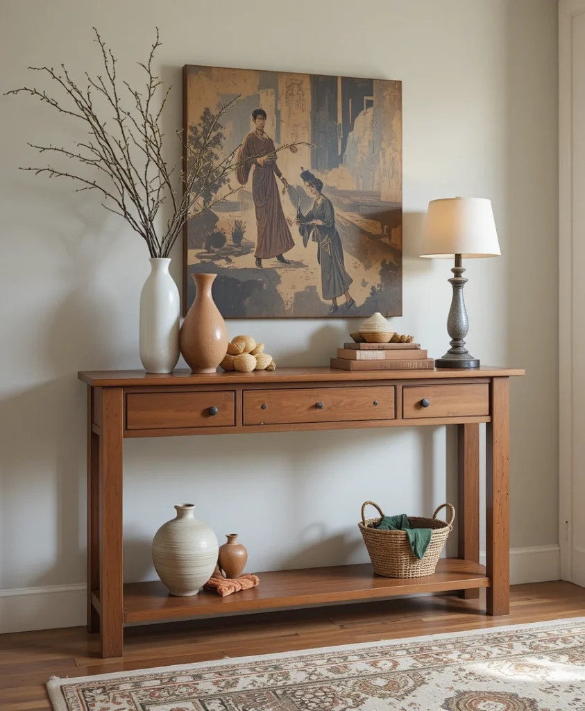 Wooden Console Table with Handmade Decor