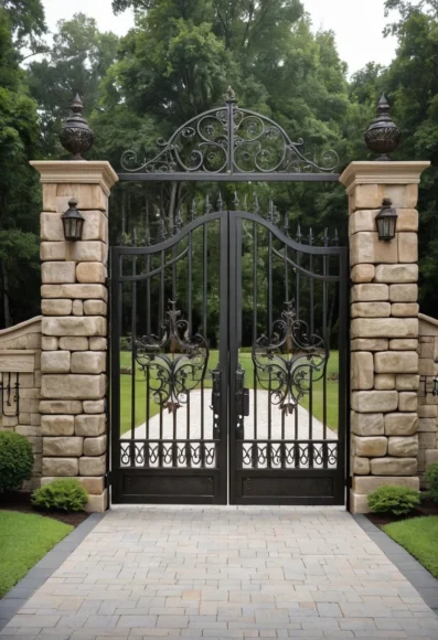 Stone Pillar Gate with Iron Panels