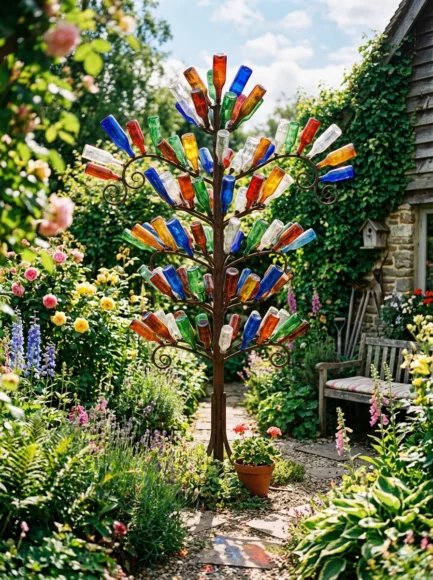 Colorful Glass Bottle Tree for a Vintage Garden Look