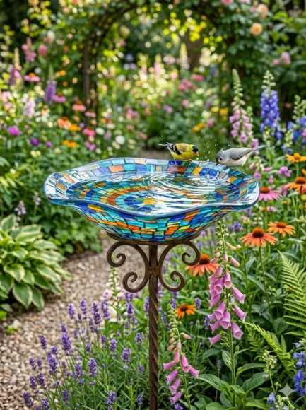 Glass Birdbath with Colorful Details