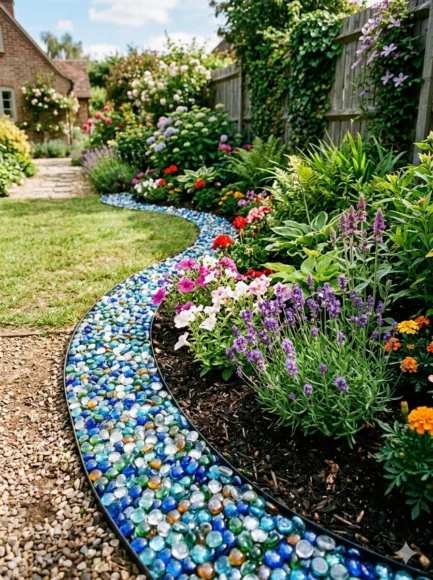 Glass Pebble Borders for Flower Beds