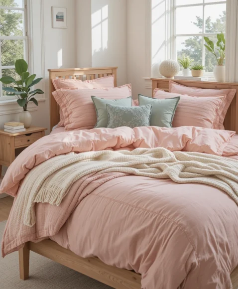 Blush Pink Bedding with Sage Green Throw Pillows