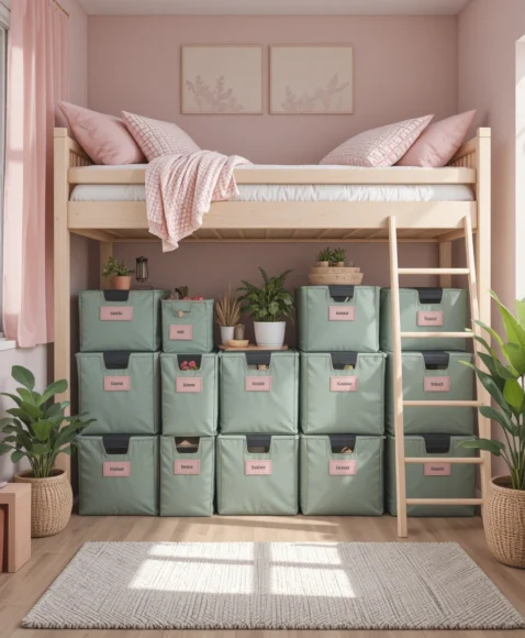 Sage Green Storage Cubes with Pink Labels
