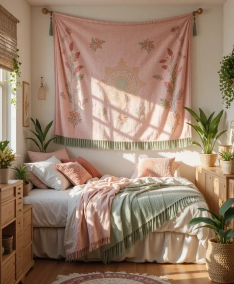 Pink Tapestry with Green Tassel Trim