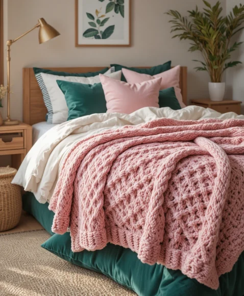 Pink Chunky Knit Throw with Green Cushion Base