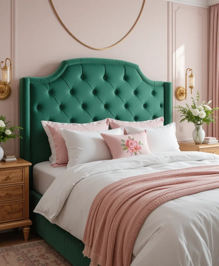 Green Velvet Headboard with Pink Floral Accent Pillow