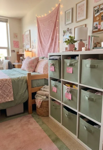 Sage Green Storage Cubes with Pink Labels