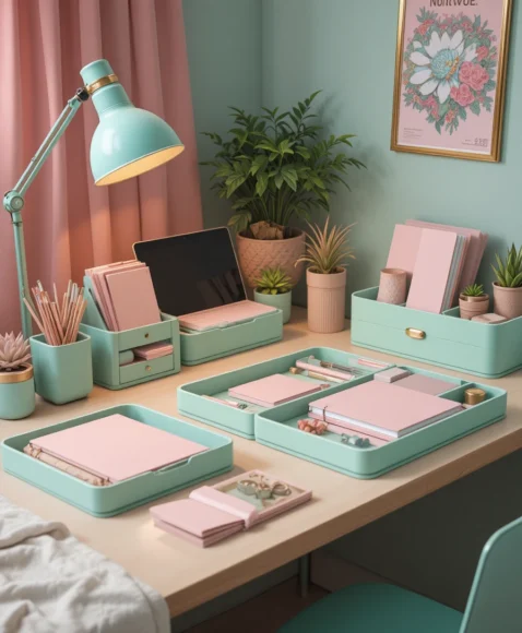 Mint Green Desk Accessories with Pink Stationery