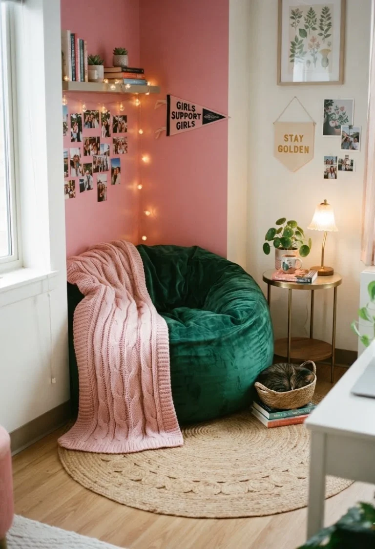 pink and green dorm room