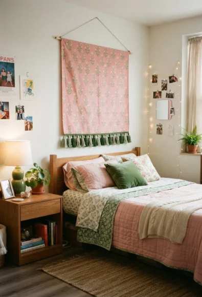 Pink Tapestry with Green Tassel Trim