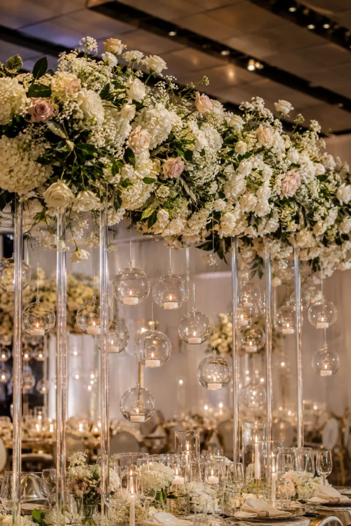 Acrylic Floating Floral Bridge with Suspended Glass Orbs