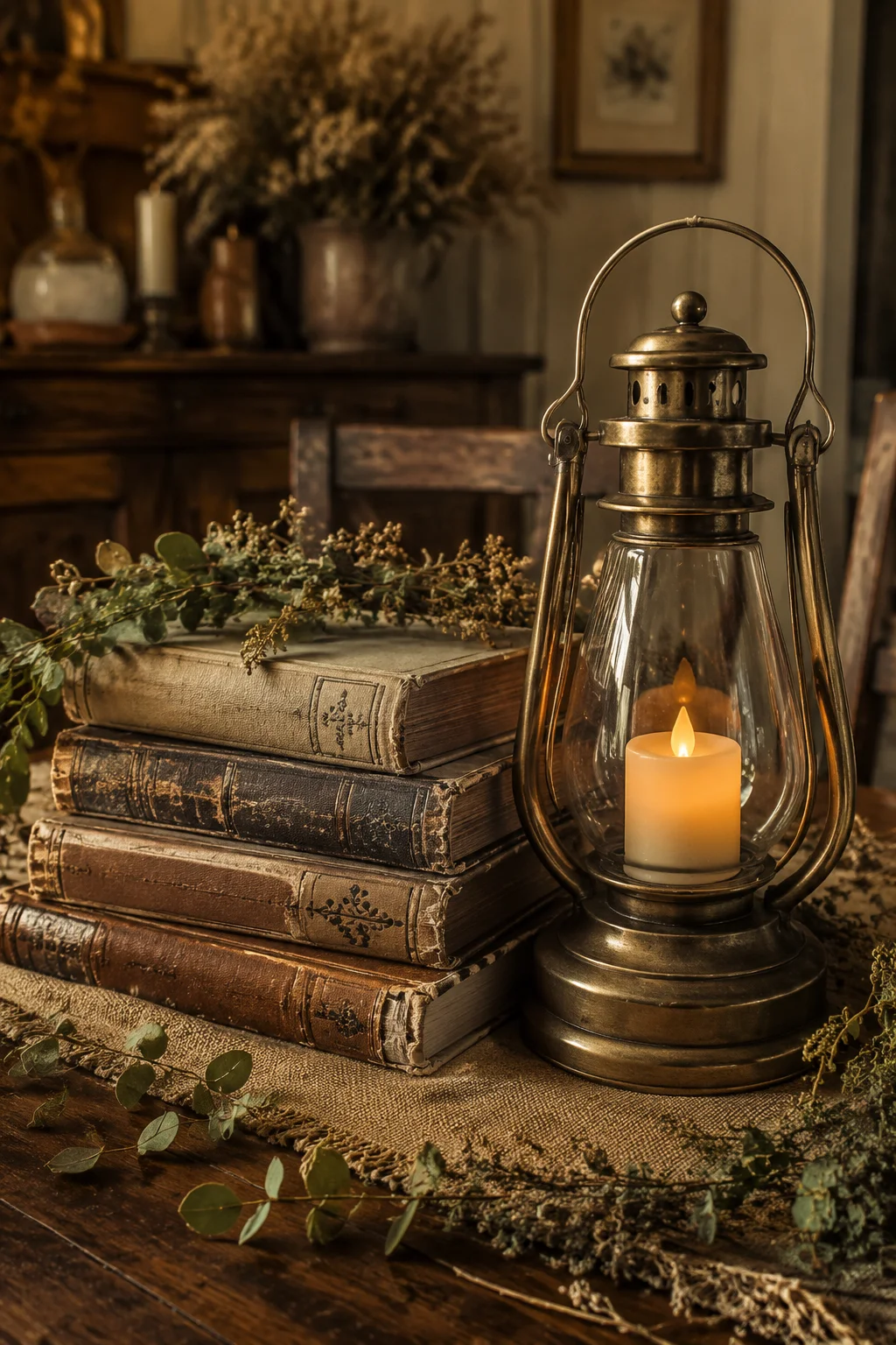 Antique Lantern and Book Stack