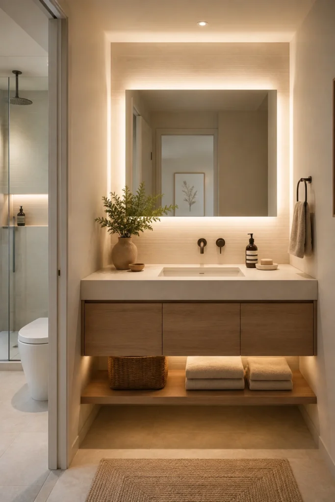 Backlit Floating Vanity & Sconce-Free Mirror