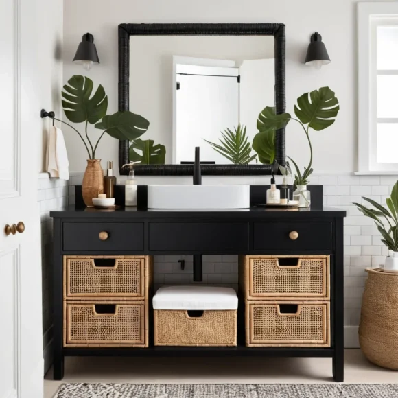 Black Vanity with Cane or Rattan Accents