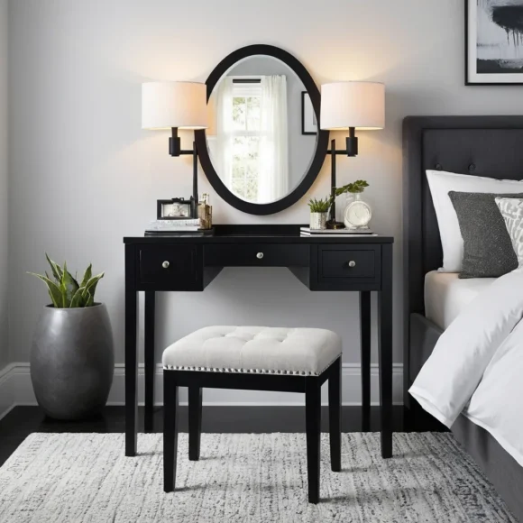 Black Vanity with Upholstered Stool