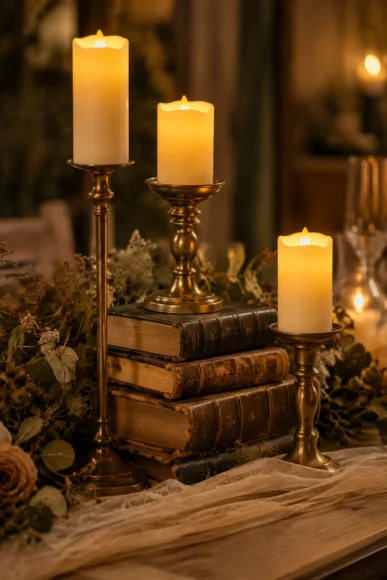 Candle Trio With Vintage Books