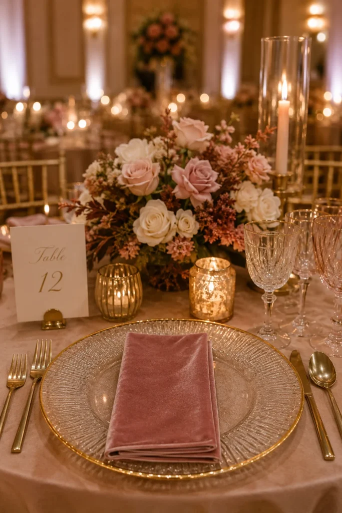 Classic Gold-Rimmed Glass Charger & Dusty Rose Velvet Napkin