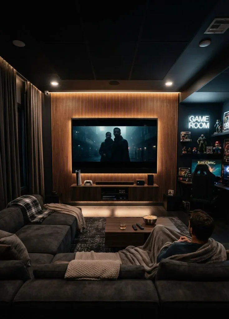 Cozy Home Theater and Game Room Lounge