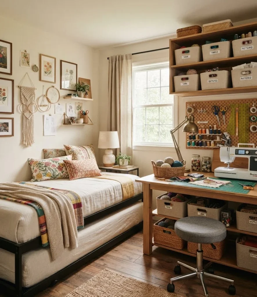 Craft Room with Trundle Bed Table Setup
