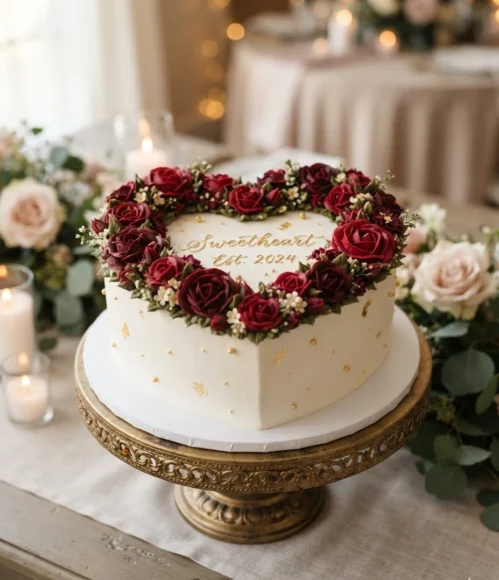 Crimson Rose Wreath Heart Cake