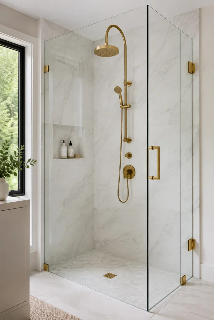 Curbless Glass Corner Shower with High-Rise Goose Neck