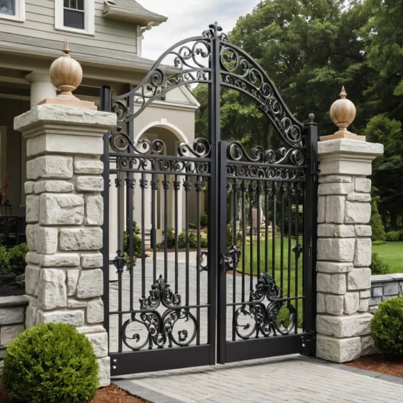 Estate Wrought Iron Gate with Stone Pillars