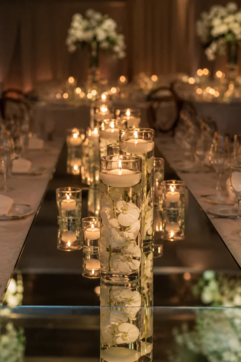 Floating Candle Mirror Runner with White Blooms