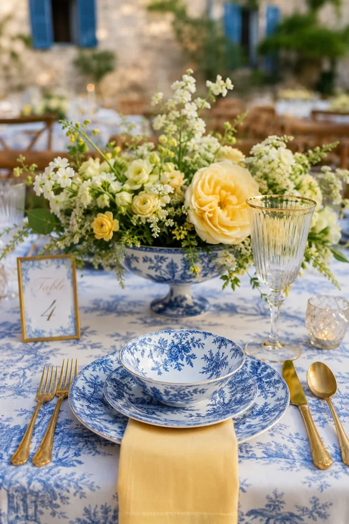 French Provençal Blue Toile & Butter Yellow China