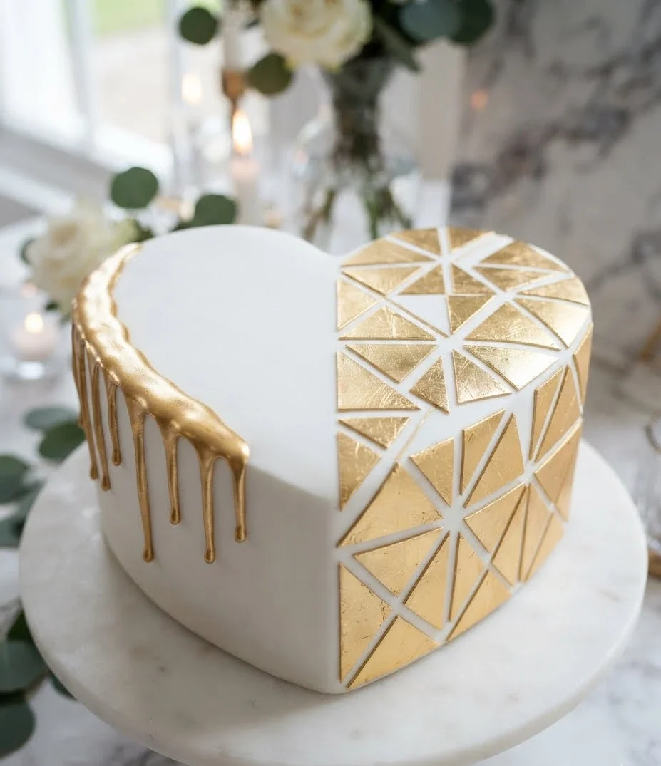 Geometric Gold Drip Heart Cake