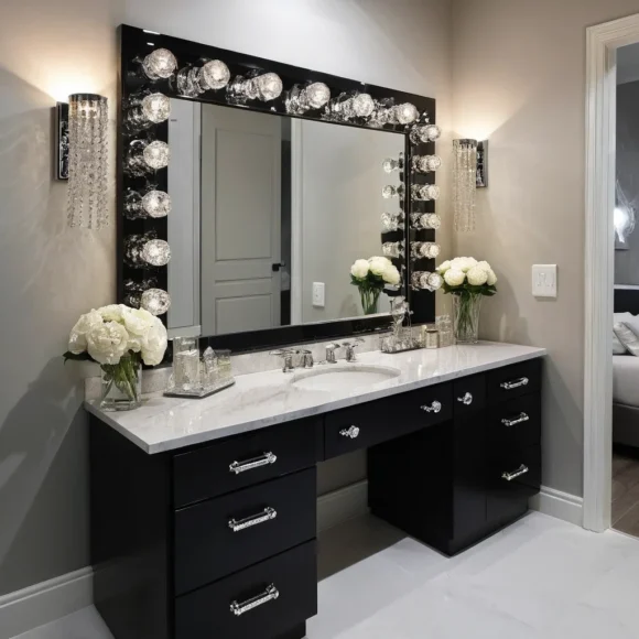 Glamorous Black Vanity with Crystal Knobs