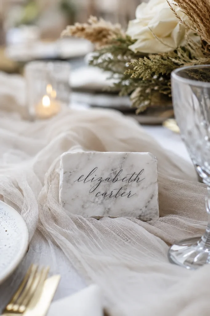 Hand-Calligraphed Stone Place Card & Gauze Runner