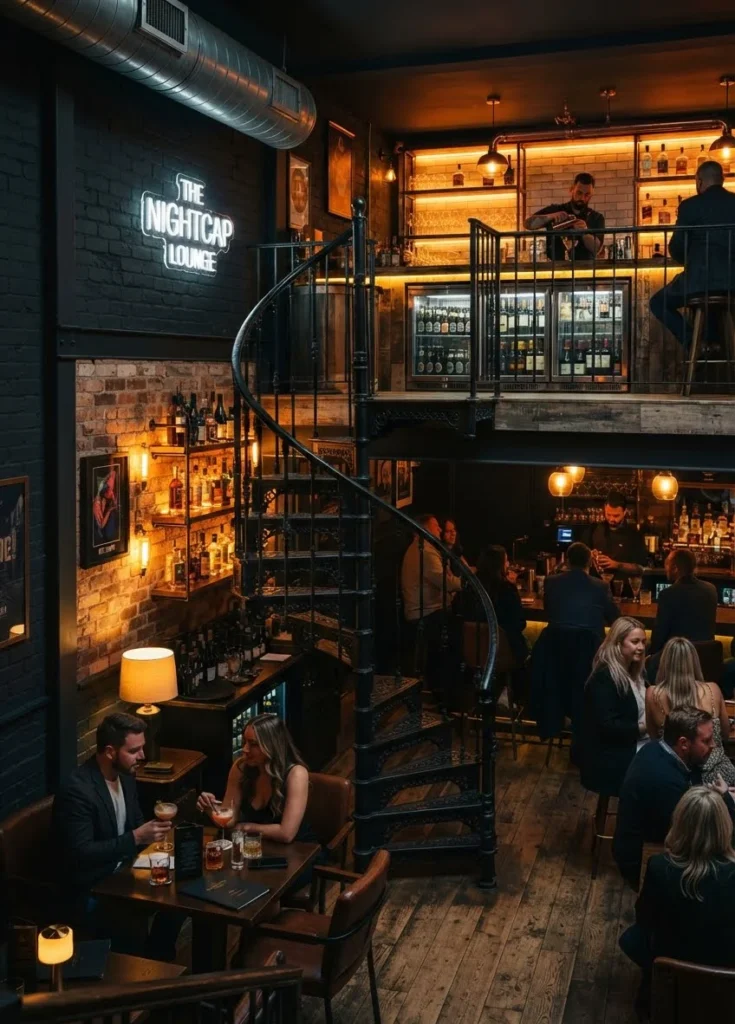 Industrial Spiral Staircase Cocktail Bar and Tasting Lounge