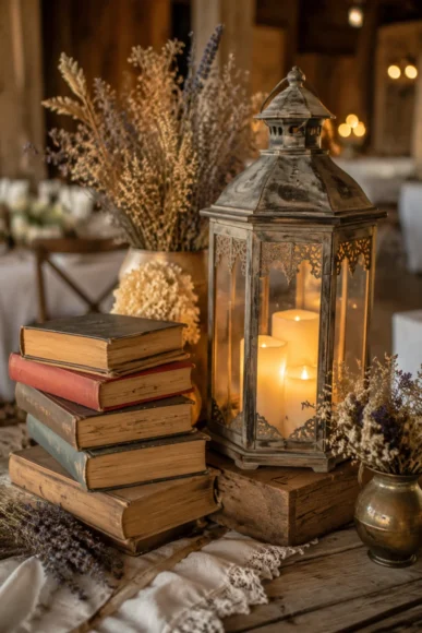 Lantern and Book Table Styling