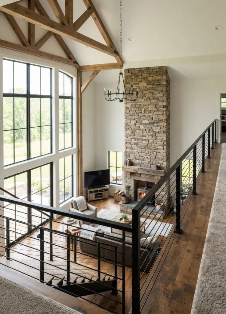 Modern Black Cable-Railing Open Mezzanine Overlook