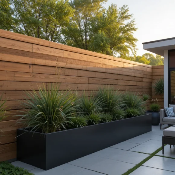 Modern Horizontal Slat Fence with Planter Box