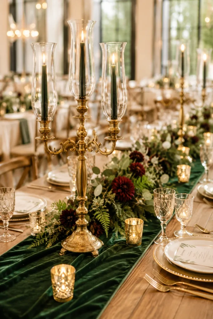 Moody Forest Green Velvet Runner & Antique Brass Candelabras