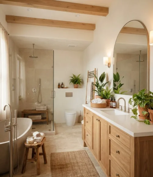 Natural Wood Vanity for Warmth
