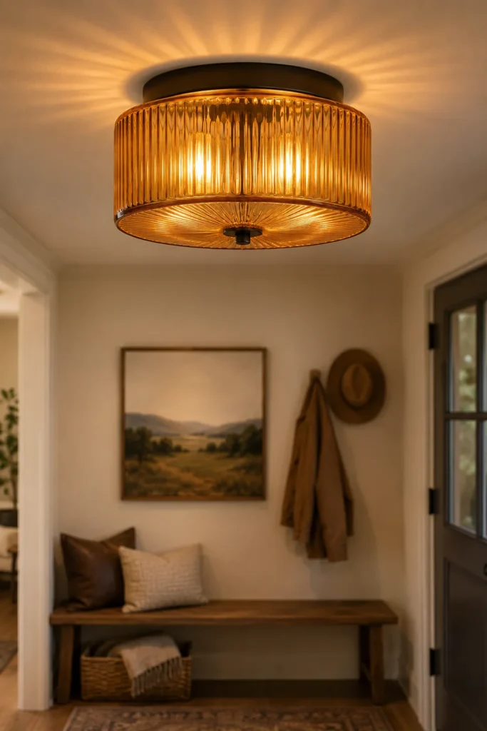 Ribbed Amber Glass Drum Flush Mount