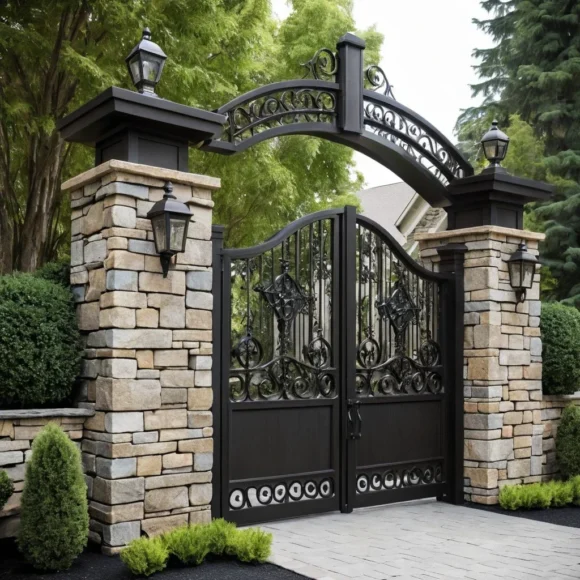 Stone Pillar Gate with Iron Panels