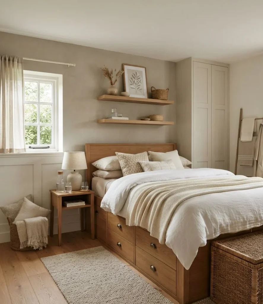 Storage-Focused Guest Room with Under-Bed Drawers