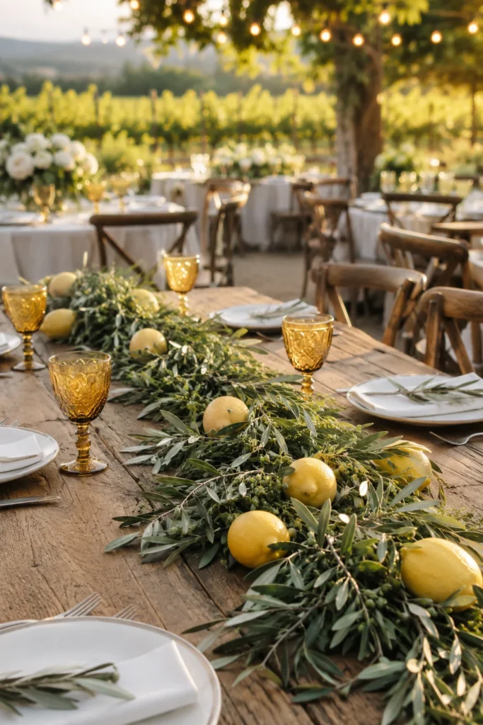 Tuscan Olive Branch & Lemon Garland on Raw Wood