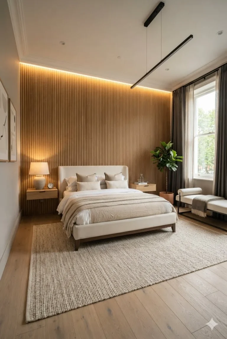 Vertical Fluted Wood Slat Wall with Concealed LED Glow