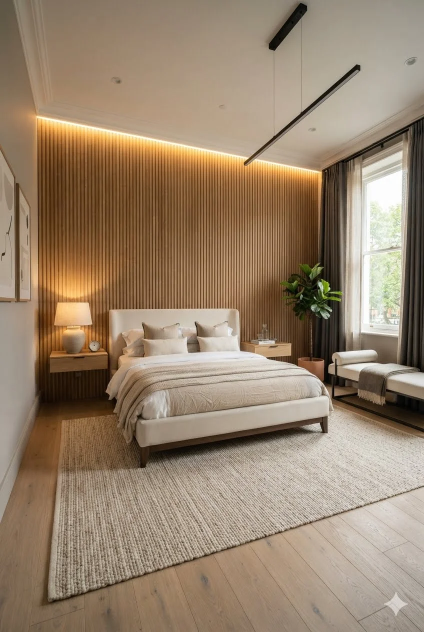 Vertical Fluted Wood Slat Wall with Concealed LED Glow