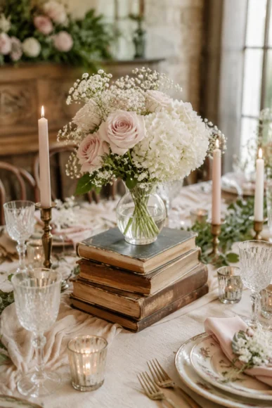 Vintage Books With Floral Vase