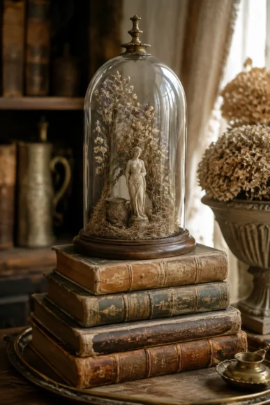 Vintage Books With Glass Cloche