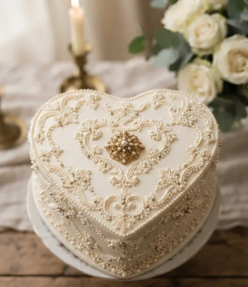 Vintage Pearl Lace Heart Cake