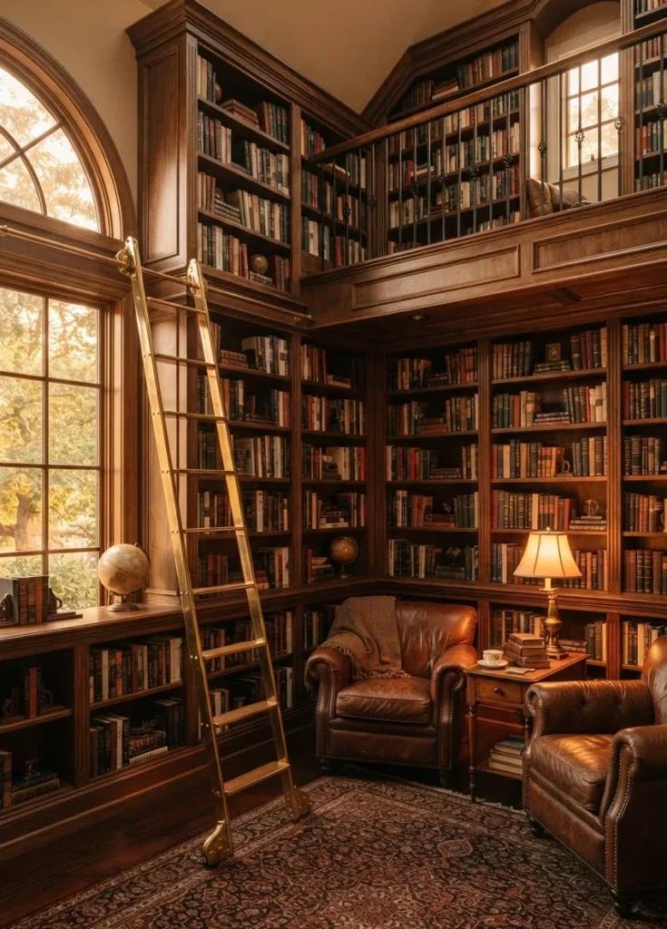 Wrap-Around U-Shaped Library with Rolling Brass Ladder