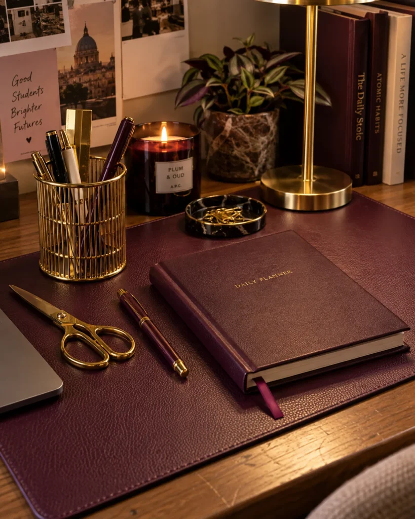 Deep Berry Stationery and Warm Desk Organization